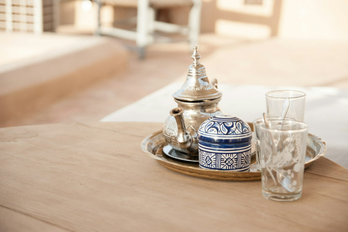 Set of Moroccan mint tea glasses with gold trim